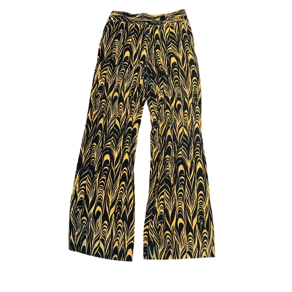 Yellow Black Psychedelic Swirl Print Wide Leg High Waisted Trousers Pants 31x31